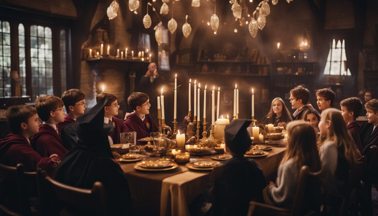 Eine magische Harry-Potter-Party mit thematischen Dekorationen, schwebenden Kerzen und einem Auswahlhut als Mittelpunkt, umgeben von aufgeregten Gästen in Zaubererroben