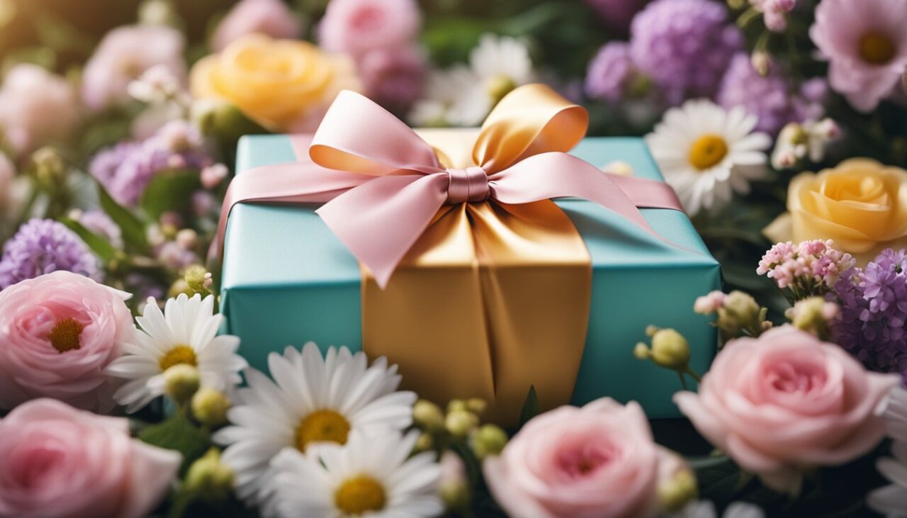 Eine wunderschön verpackte Geschenkbox, umgeben von Blumen und Bändern