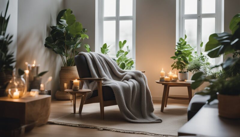 Ein gemütliches Wohnzimmer mit weichen Decken, duftenden Kerzen und einer warmen Tasse Tee auf einem Beistelltisch. Eine Frau sitzt in einem bequemen Stuhl, umgeben von Pflanzen und beruhigender Musik.