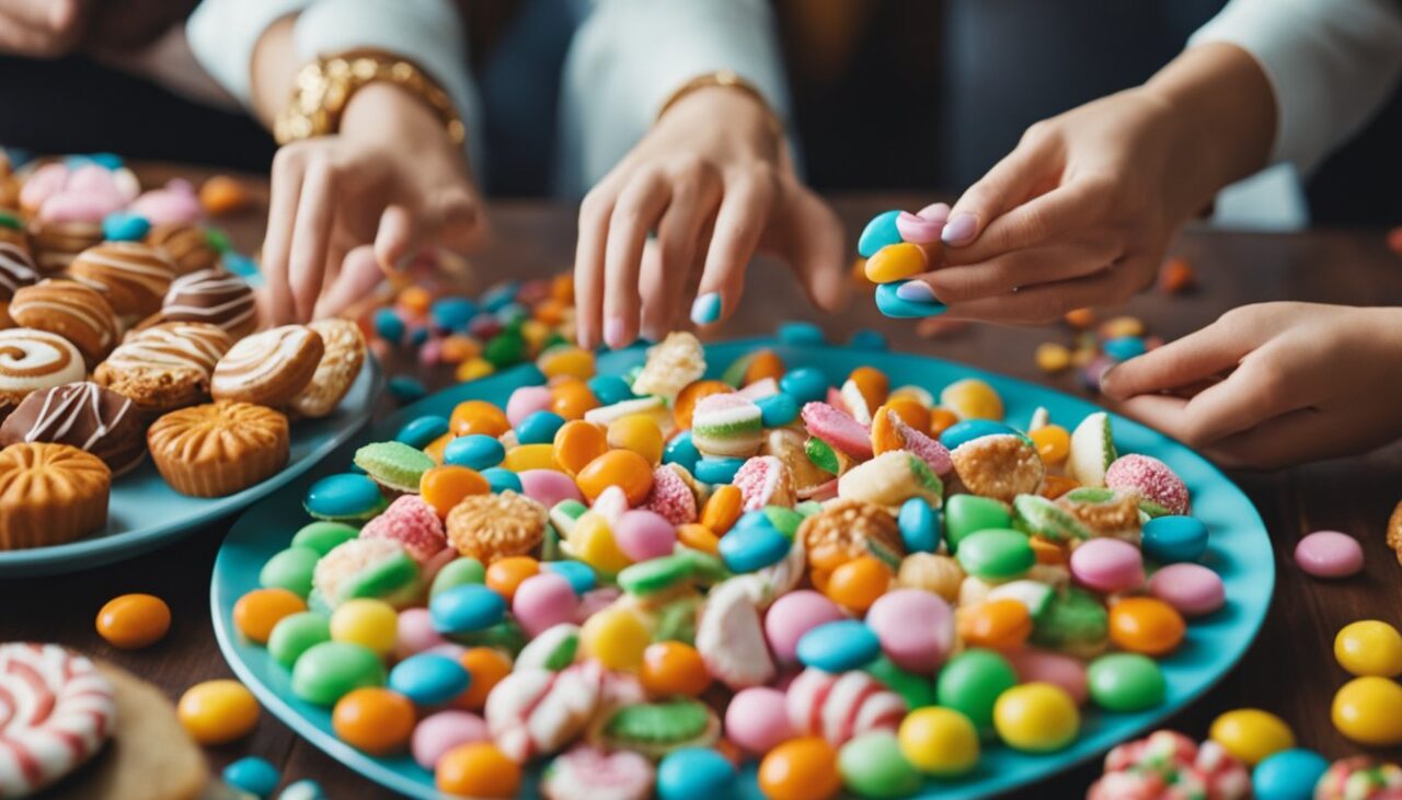 Ein Tisch, der überquillt mit bunten Süßigkeiten, Schokolade und Gebäck, umgeben von aufgeregten Frauen, die Geschenke austauschen.