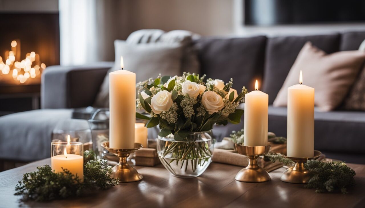 Ein gemütliches Wohnzimmer mit einem Tisch für zwei, geschmückt mit Kerzen, Blumen und eingepackten Geschenken.