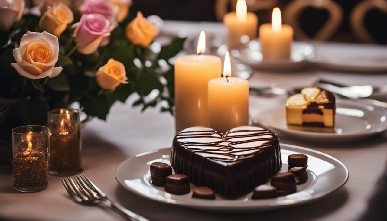 Ein gemütliches Abendessen bei Kerzenlicht mit einem Blumenstrauß aus Rosen und einer herzförmigen Schachtel Pralinen auf dem Tisch