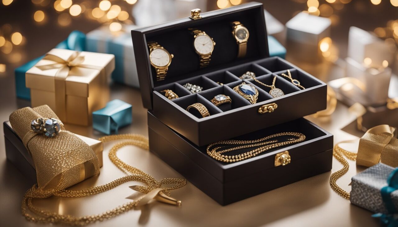 Eine Schmuckbox mit personalisiertem graviertem Schmuck, umgeben von Geburtstagsgeschenken