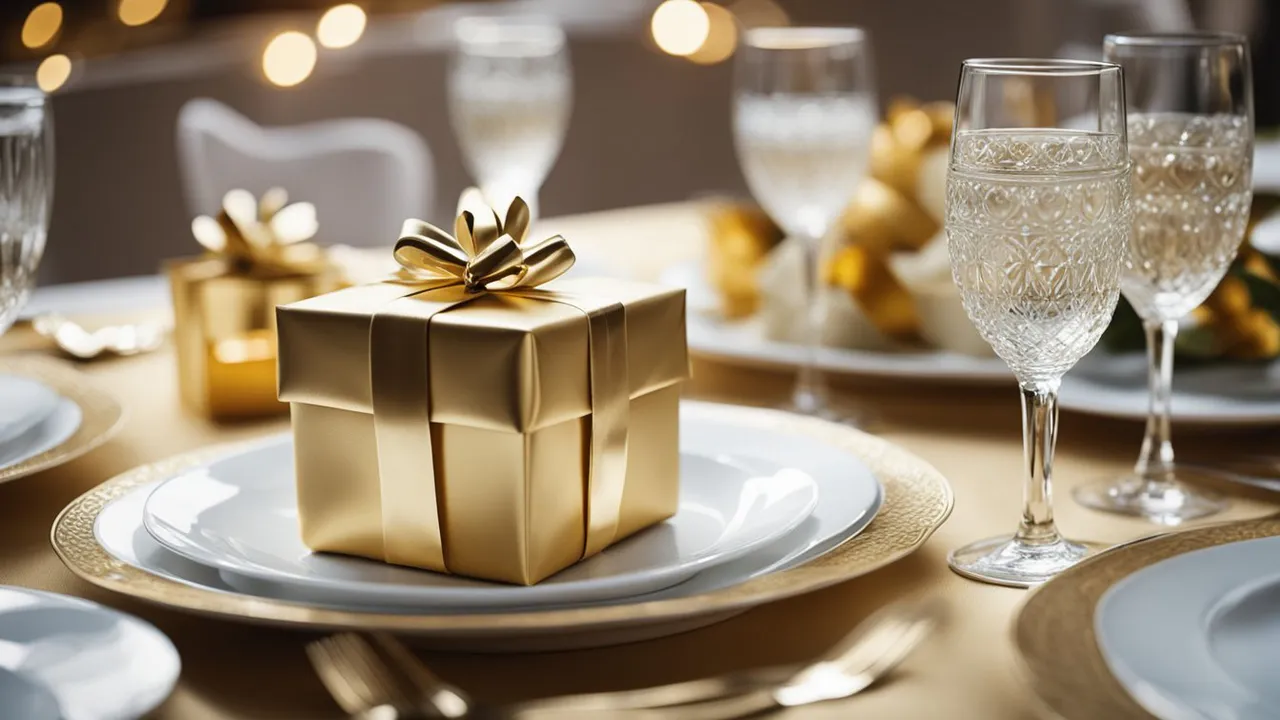 Eine goldverpackte Geschenkbox mit Schleife steht auf einem weißen Teller, umgeben von elegantem Glasgeschirr und goldakzentuiertem Tischgedeck – die perfekte Inspiration für stilvolle Hochzeitsgeschenke.