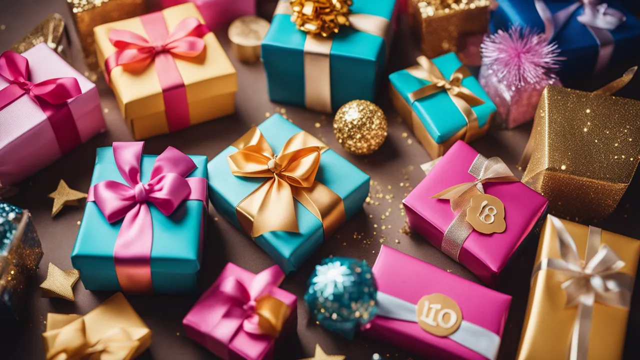 Mehrere bunt verpackte Geschenkboxen mit bunten Bändern und Schleifen sind auf einer Fläche angeordnet, umgeben von glitzernden Ornamenten – perfekte kreative Überraschungen und Geschenkideen 18. Geburtstag zur Volljährigkeit.