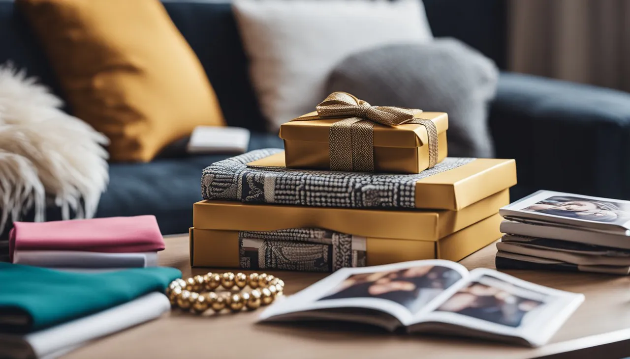 Ein Couchtisch mit goldverpackten Geschenkideen „Beste Freundin“, gefalteten Stoffen, einer Perlenkette und aufgeschlagenen Zeitschriften; im Hintergrund Sofa und Kissen.