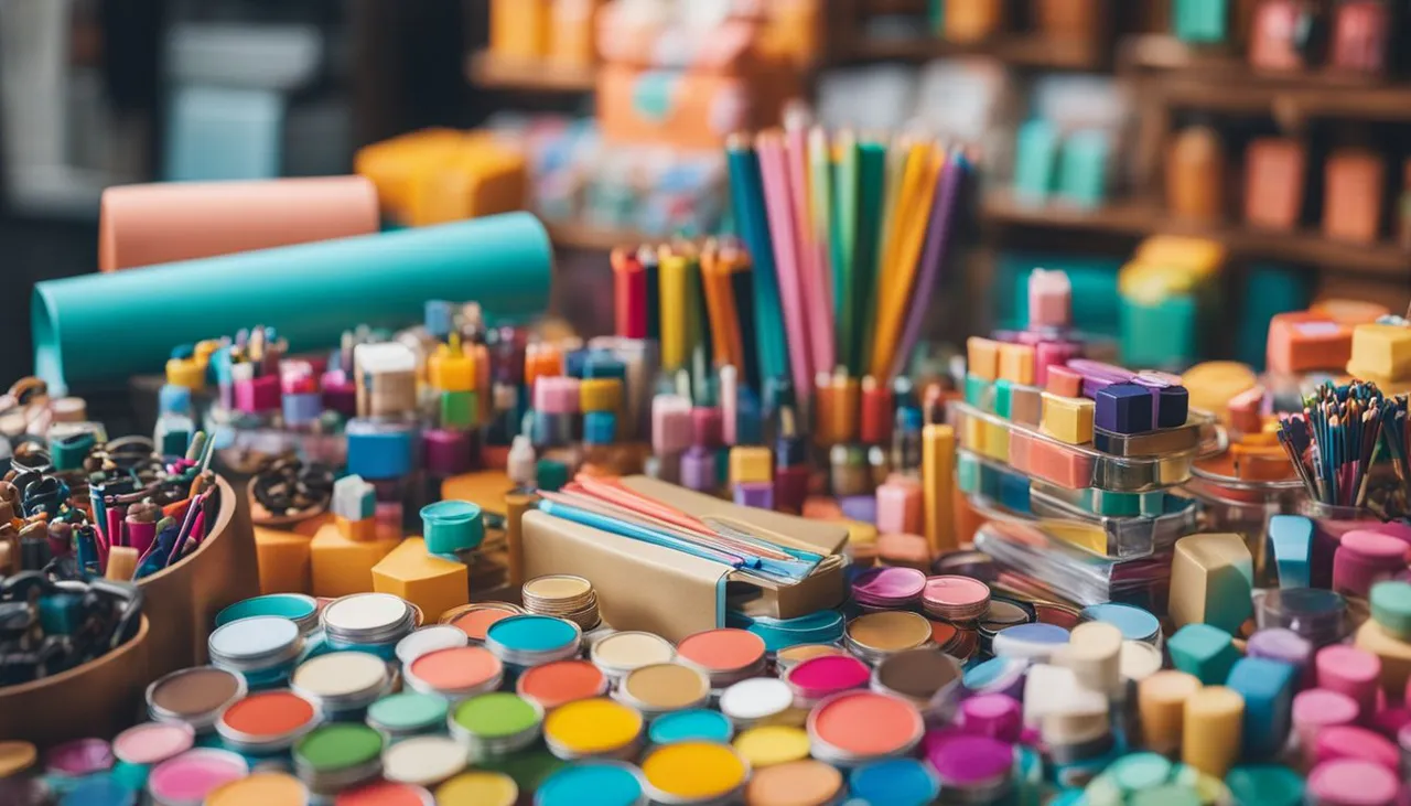 Eine Vielzahl farbenfroher Künstlerutensilien, darunter Farben, Bleistifte, Marker, Pinsel, Radiergummis und Papier, sind auf einem Tisch in einem gut beleuchteten Raum angeordnet – perfekte kreative Überraschungen und Geschenkideen für die beste Freundin.