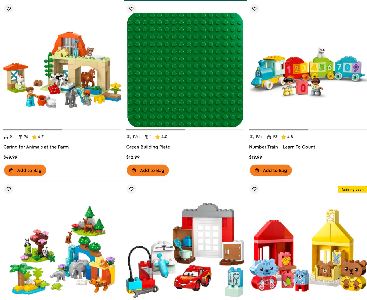 Ein Raster von sechs LEGO Sets für kleine Kinder - mit Geschenkideen für den 2. Geburtstag: Niedlich und praktisch wie Tier-, Eisenbahn- und Gartenthemen, jeweils mit Preisen und "In die Tasche"-Buttons.