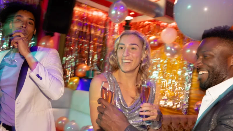 Drei Personen in Partykleidung halten Sektgläser und lächeln, umgeben von Luftballons und bunten Dekorationen - die perfekte Inspiration für Wie du eine Glamour-Geburtstagsparty gestaltest.
